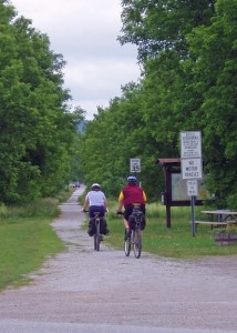 Speed limits on a bike trail? You’ve gotta be kidding! Actually, I’m guessing the sign is meant for snowmobilers as they pass through the village of Sheldon Springs on the Missisquoi Valley Rail Trail. Hard to pedal that fast on a flat gravel trail!