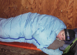 Cozy at last! Unable to get the cabin comfortably warm, we retreated early to winter sleeping bags and  spent the long night in perfect comfort. Getting up in the morning was tougher . . .