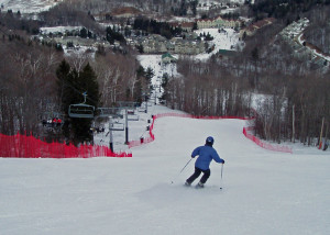 Some, but not all of the trails at Jiminy are steep, straight shots down the hill on perfect corduroy. They all lead to the bustling base area, (EasternSlopes.com)