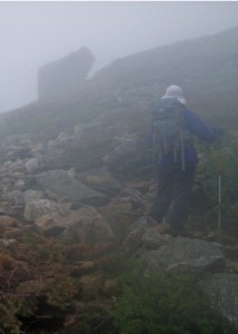 With fog and rain making the rocks slippery, this steep section of the Glen Boulder Trail on Mount Washington was a tough challenge, forcing us to go slow and, sometimes, to stop and look back at what we’d accomplished. (Tim Jones/EasternSlopes.com photo)