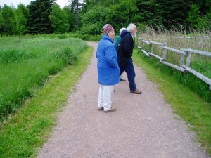 Suzy and Goddard Grave, with Edie hidden behind, on the smooth, easy-to-enjoy trail (Warner Shedd photo)