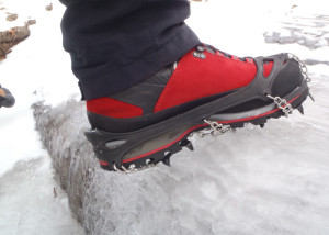 Lowa Mountain Expert with Hillsound Trail Crampon on ice