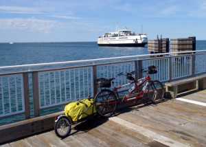 Our tandem touring bike and BOB trailer wait patiently for the ferry to dock at Oak Bluffs and take us to Woods Hole.(Tim Jones/EasternSlopes.com photo)