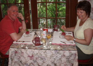 Fellow travelers enjoyiung the breakfast on a rainy morning at the Palmer House Inn in Falmouth. (Tim Jones/EasternSlopes.com)