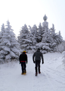 Near Greyock Summit: We’d dropped our packs at the hut just below Greylock’s summit, donned warmed clothes, and hiked up the last hundred yards to touch the summit monument. (Tim Jones/EasternSlopes.com