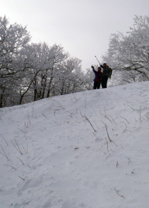 To encourage me up the last steep on Thunderbolt, my companions Sweep Voll and Steve McDermott pint to the view I'll have when I get there. (Tim Jones/EasternSlopes.com)