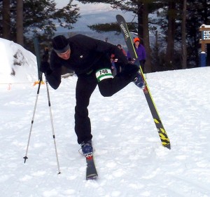 A skier showing real race technique in removing his skins; I looked NOTHING like that! (EasternSlopes.com photo)
