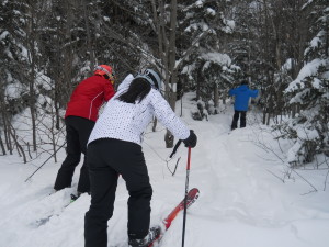 There they go! Dropping into the woods for some tree skiing at the Middlebury Snow Bowl. 085