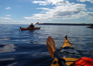 Marilyn Donnelly is on the lookout for whales as she paddles Baie Ste. Catherine at the mouth of Saguenay Fjord in Quebec. We eventually had several minke whales surfacing all around us. (EasternSlopes.com)