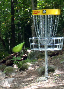 Most "pay-for-play" Disc Golf courses use the Innova Disc Catcher "holes." If you don't hit the chains squarely, your disc bounces away. (EasternSlopes.com)