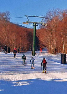 It isn't uncommon these days to see a posse of Telemark and Alpine Touring skiers headed uphill at a ski resort, especially when snowcover is thin in the backcountry. (EasternSlopes.com photo)