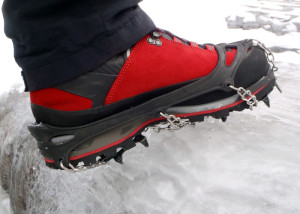 Trail Crampons from Hillsound are  perfect for traction on slanted trails covered with crust and ice. Only when it gets steeperdo you need a crampon with bigger spikes. (EasternSlopes.com photo)