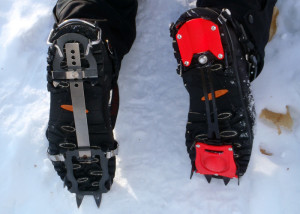 A step up in trail traction aids for hikers are the KTS Steel Crampon (left) and the Hillsound Trail Crampon Pro (right). Both are adustable for a wide range of footwear. (EasternSlopes.com)