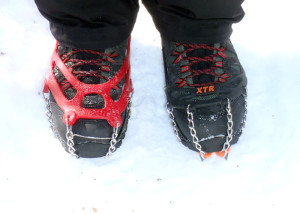 Kahtoola MICROspikes versus YakTrax XTR Extreme. Which works better on this type of packed snow? There's one easy wway to find out (EasternSlopes.com)