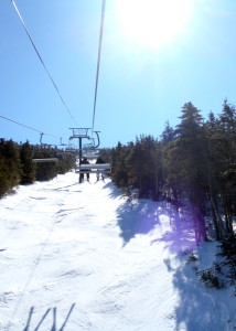 Morning on the Kennebago Chair at Saddleback Maine. Off to your left is all of the gnarly terrain of the summit snowfields and the Kennebago Steeps, to your right are more double diamond steep trails and glades. Don't worry, there are also fun escape routes for beginners and intermediates, too. (Tim Jones/EasternSlopes.com)