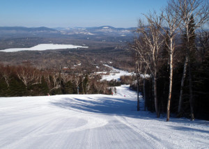 This was about the most traffic we saw on any trail at Saddleback Maine on a perfect blue-sky Tuesday. (Tim Jones/EasternSlopes.com)