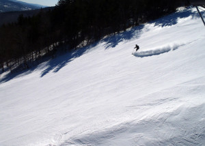 While we waited for the sun to do its work, we reveled in fast, edegeable corduroy conditions. (Tim Jones/EasternSlopes.com)