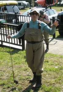 Author Deborah Lee Luskin modeling her fishing attire. 