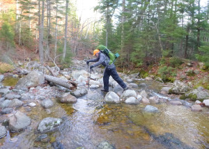 Crossing brooks while staying dry is an essential skill if you are going to hike in a Wilderness Area where bridges and even carefully-placed stepping stones aren’t part of the wild landscape. (EasternSlopes.com photo)