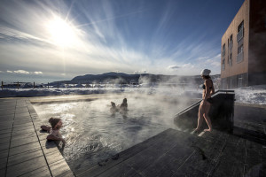 The big square hot tub at Spa du Verger soothes as it inspires day or night. The spa has amenities of all sorts aimed at pampering body and spirit. (Le Germaine Hotel Charlevoix)